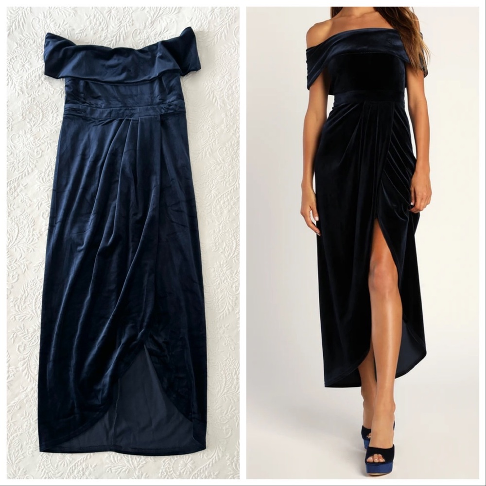 NWOT Lulus I'm Enchanted Navy Blue Velvet Off-the-Shoulder Maxi Dress Large